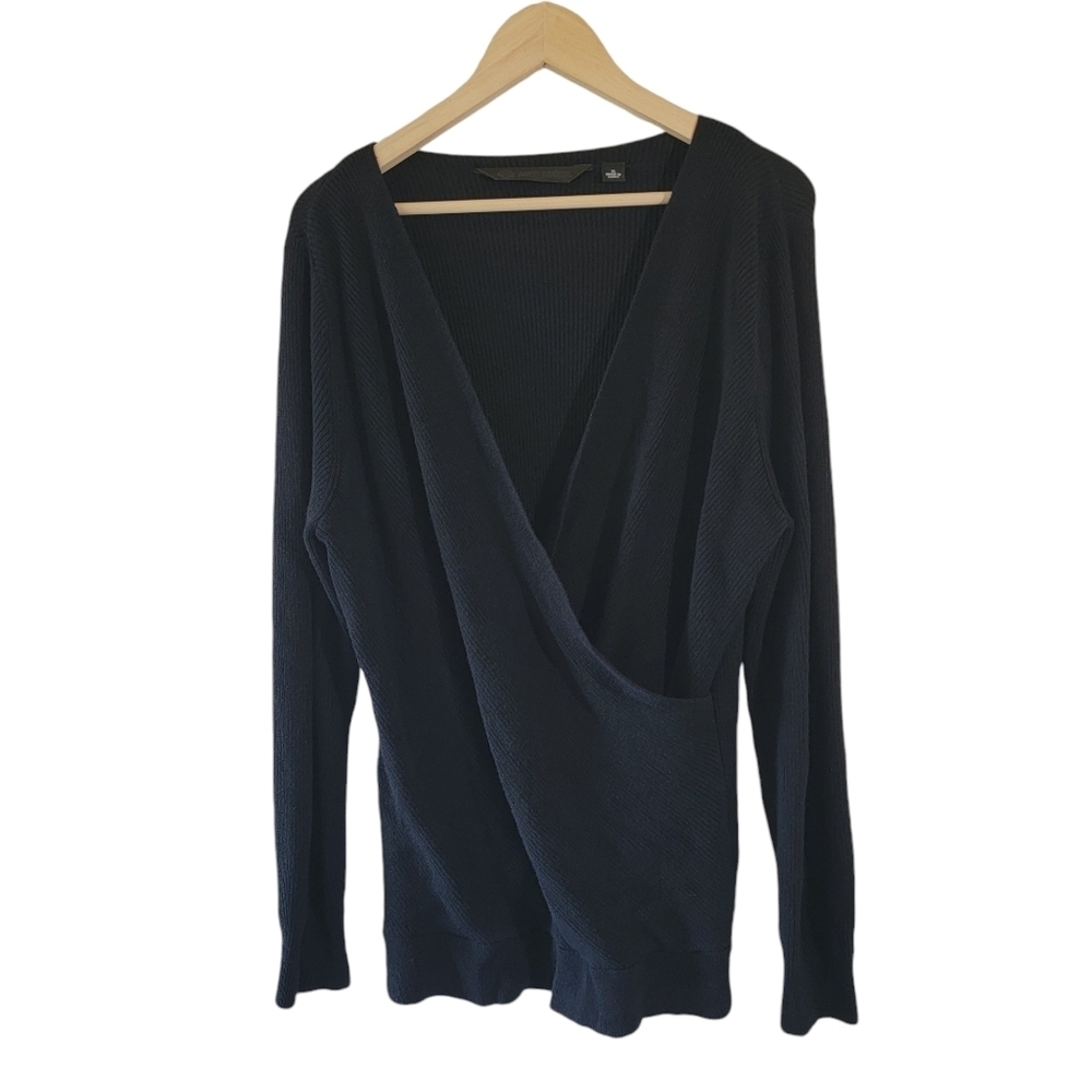 Harley Davidson Black Wool Blend Ribbed Knit Surplice Sweater XL Minimalist